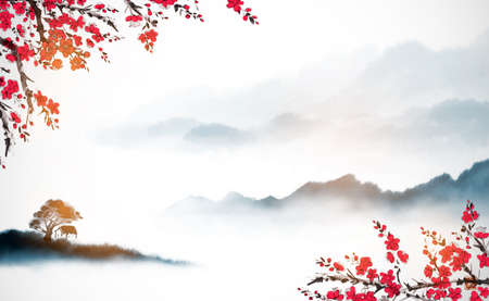竹と霧の森の山々のある風景。四季の花　覆刻版　酒井抱一没後150年記念出版。伝統的な東洋の水墨画墨絵、宇罪